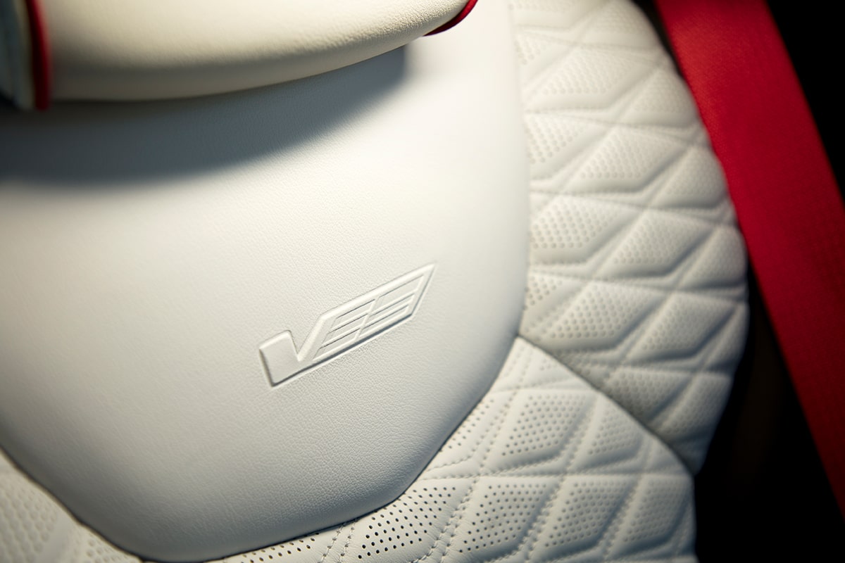Close-up of the 2025 Cadillac CT4-V Race-inspired White Leather Seating