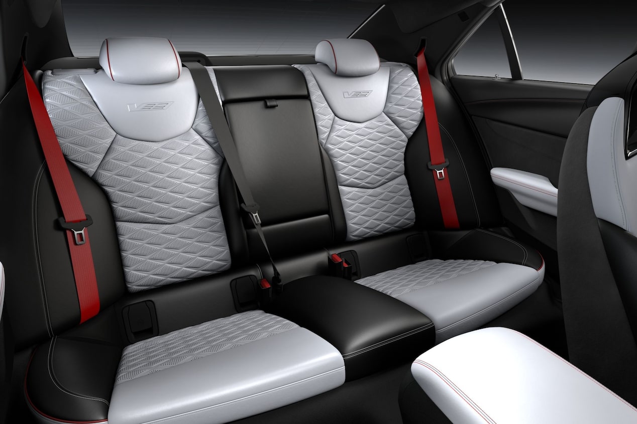 Passenger View of the 2025 CT4-V Backseat Racing Inspired Seating and Torch Red Seatbelts