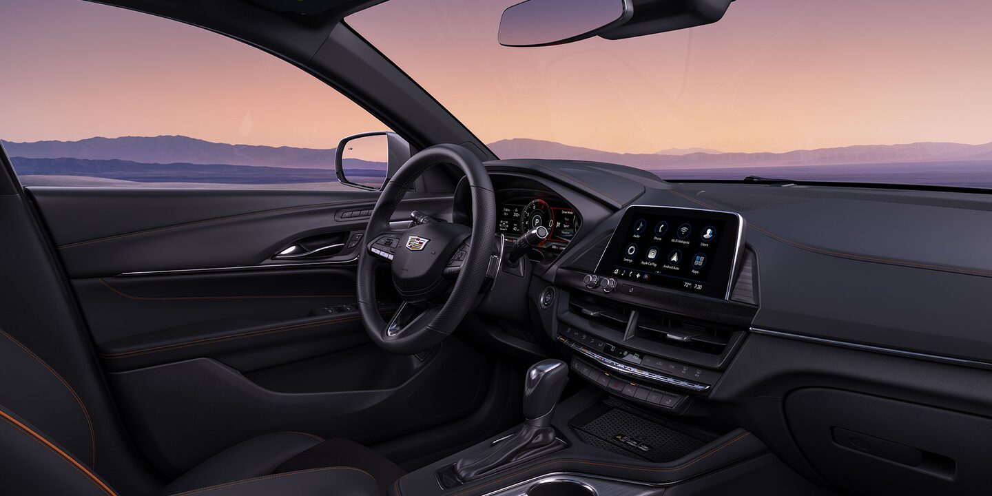 2025 Cadillac CT-4 with black leather interior and red stitching accents