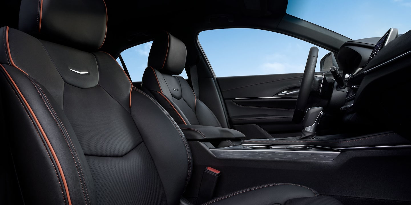 2025 Cadillac CT-4 with black leather interior with orange trim stitching accents