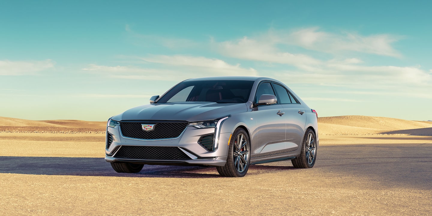 2025 Silver painted exterior Cadillac CT-4 parked in desert