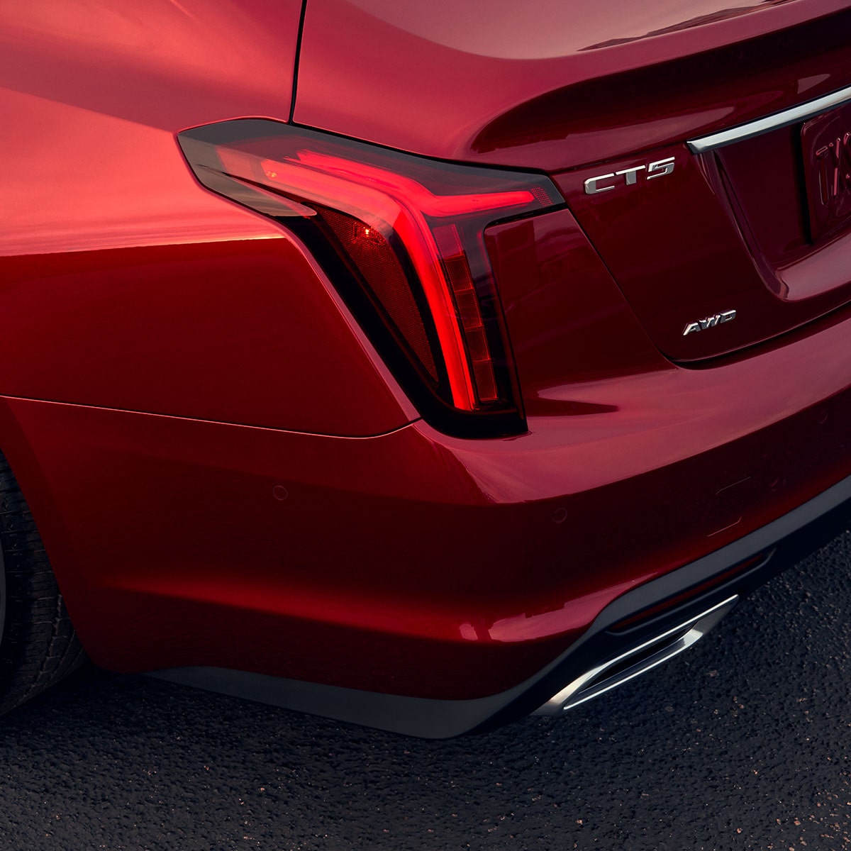 View of the Exterior Rear Tail Lamp on Red 2025 Cadillac CT5 Trunk