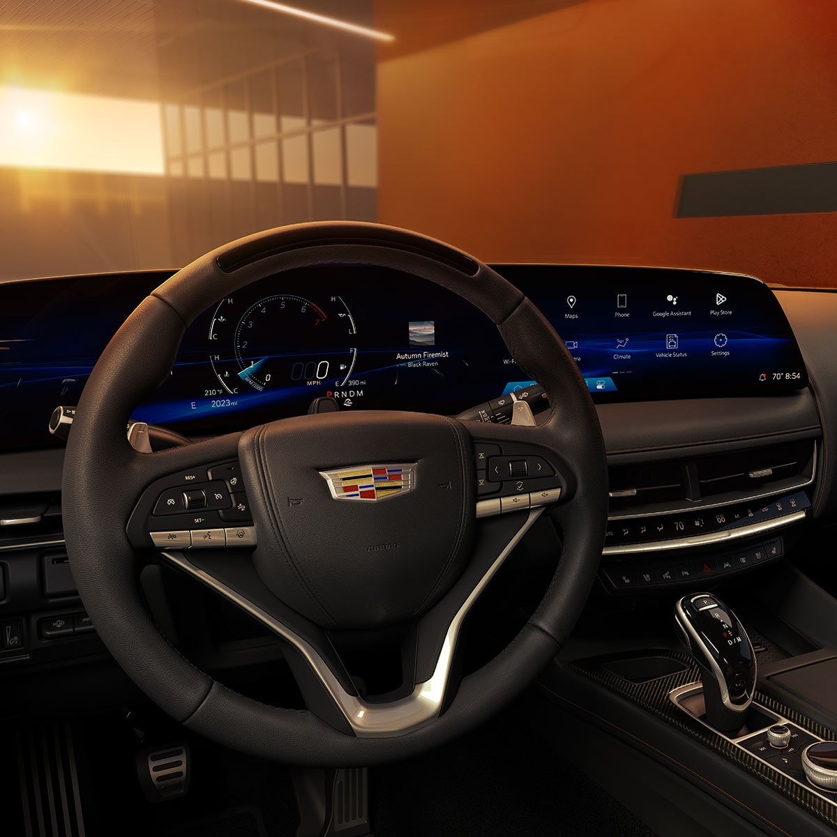 Primer plano del volante de piel y de la pantalla del Cadillac CT5 2025