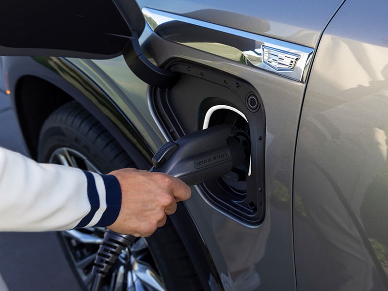 Three-quarters View of a Blue 2026 VISTIQ Plugged In and Charging at a Public Charger