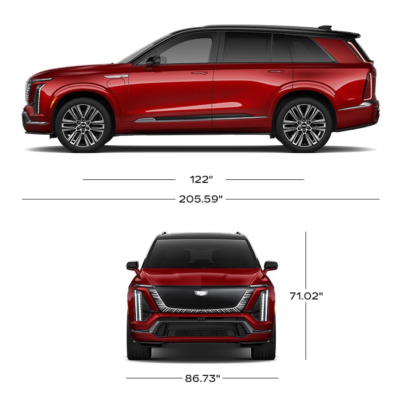 A Profile View and Front View of a Cadillac VISTIQ Lined with Dimensions