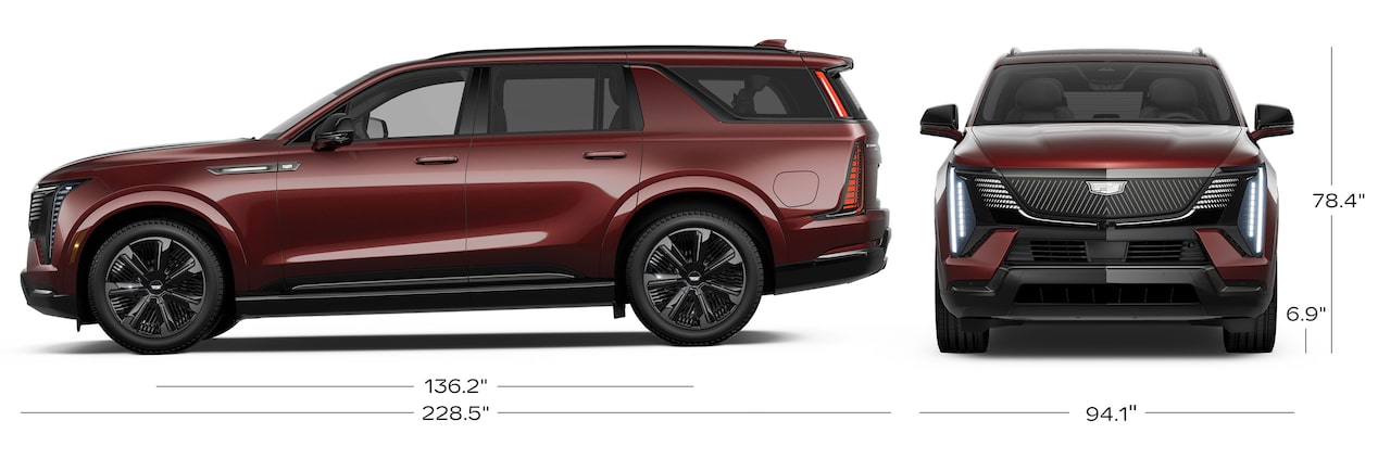 Vista de perfil lateral y delantera de ESCALADE IQL 2026 con dimensiones