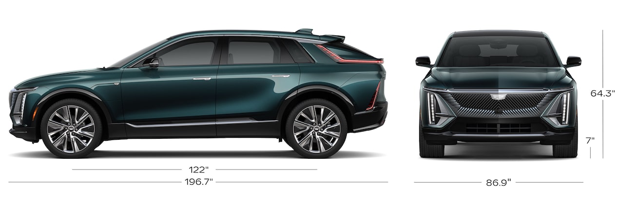 The Side Profile and Front Profile of a Dark Green Cadillac LYRIQ with its Size Dimensions