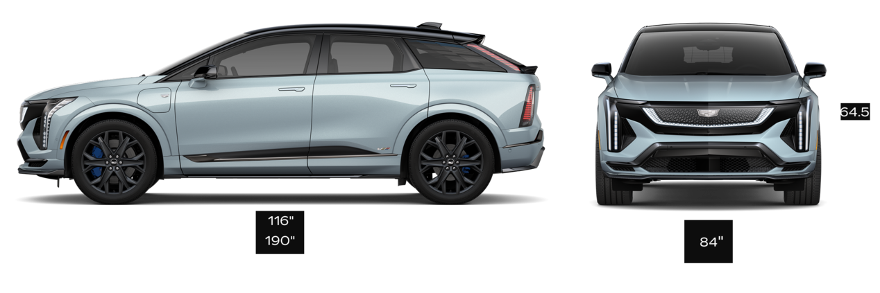 The Side Profile and Front View of a Blue 2026 Cadillac OPTIQ-V with the Vehicle's Dimensions Listed