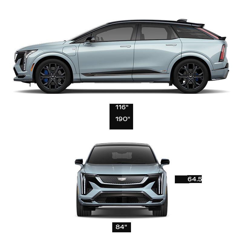 The Side Profile and Front View of a Blue 2026 Cadillac OPTIQ-V with the Vehicle's Dimensions Listed