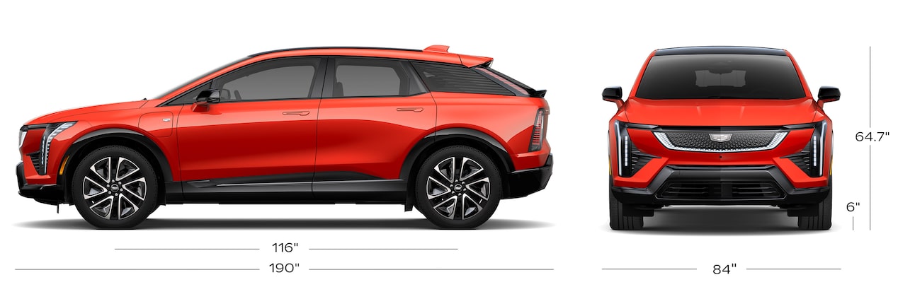 Front and Side View of a Red Cadillac OPTIQ with Size Dimensions