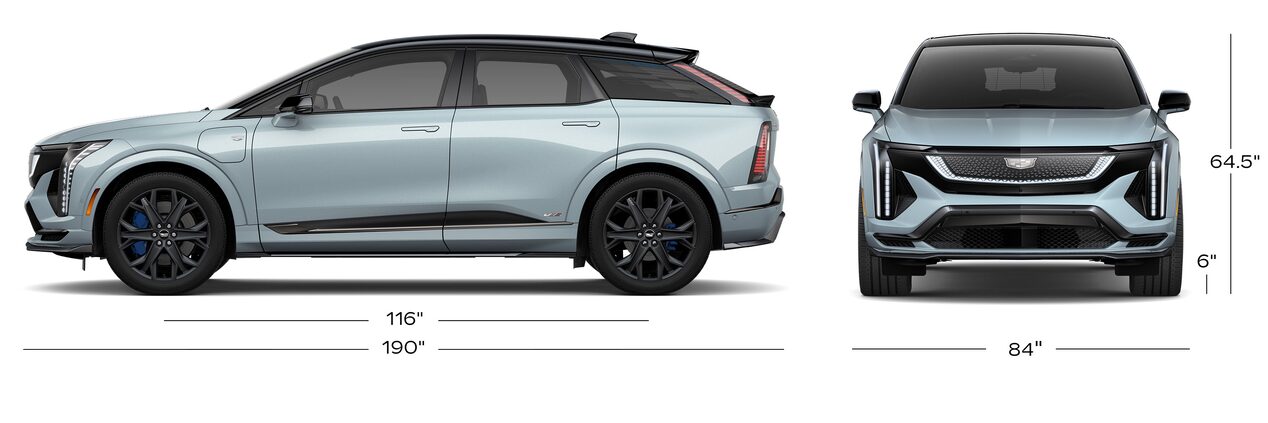 The Side Profile and Front View of a Blue 2026 Cadillac OPTIQ-V with the Vehicle's Dimensions Listed