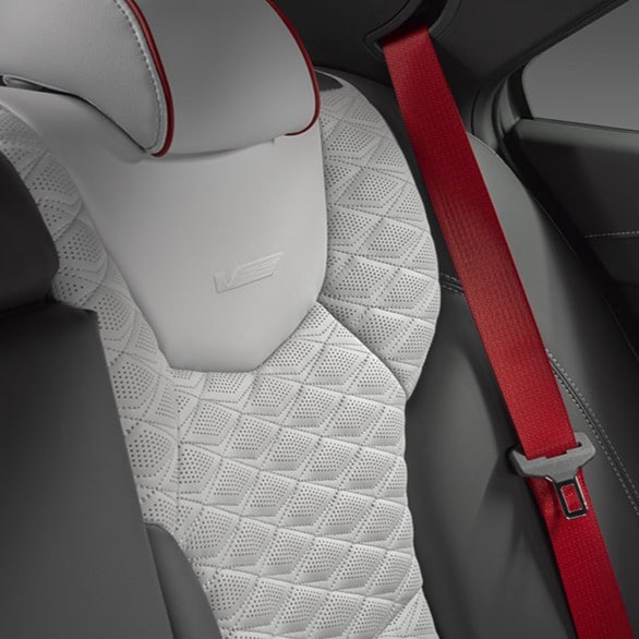 Close-up of the Race-inspired CT4-V Back Seat Interior and Red Seatbelt