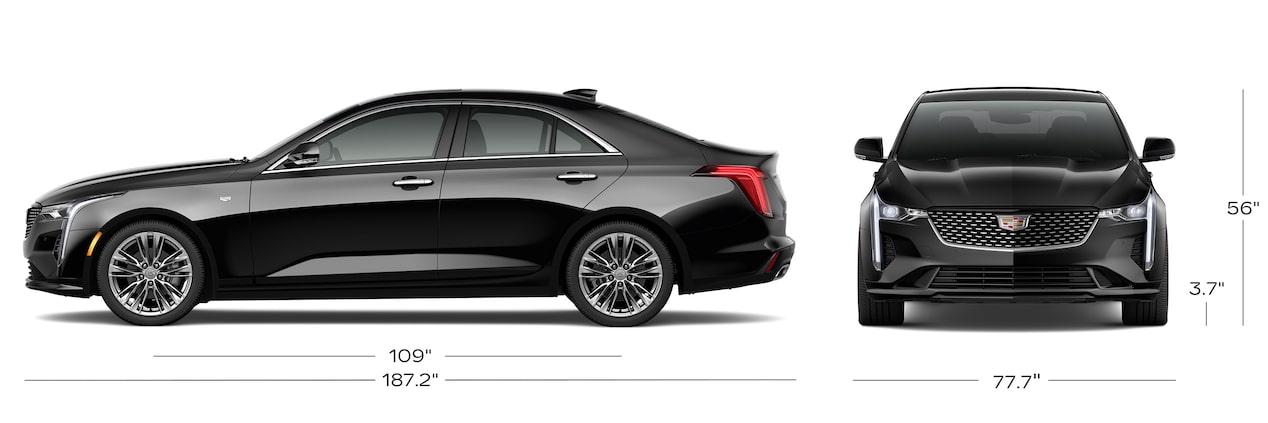 A Side Profile and Front View of the 2026 CT4 with Dimensions Displayed