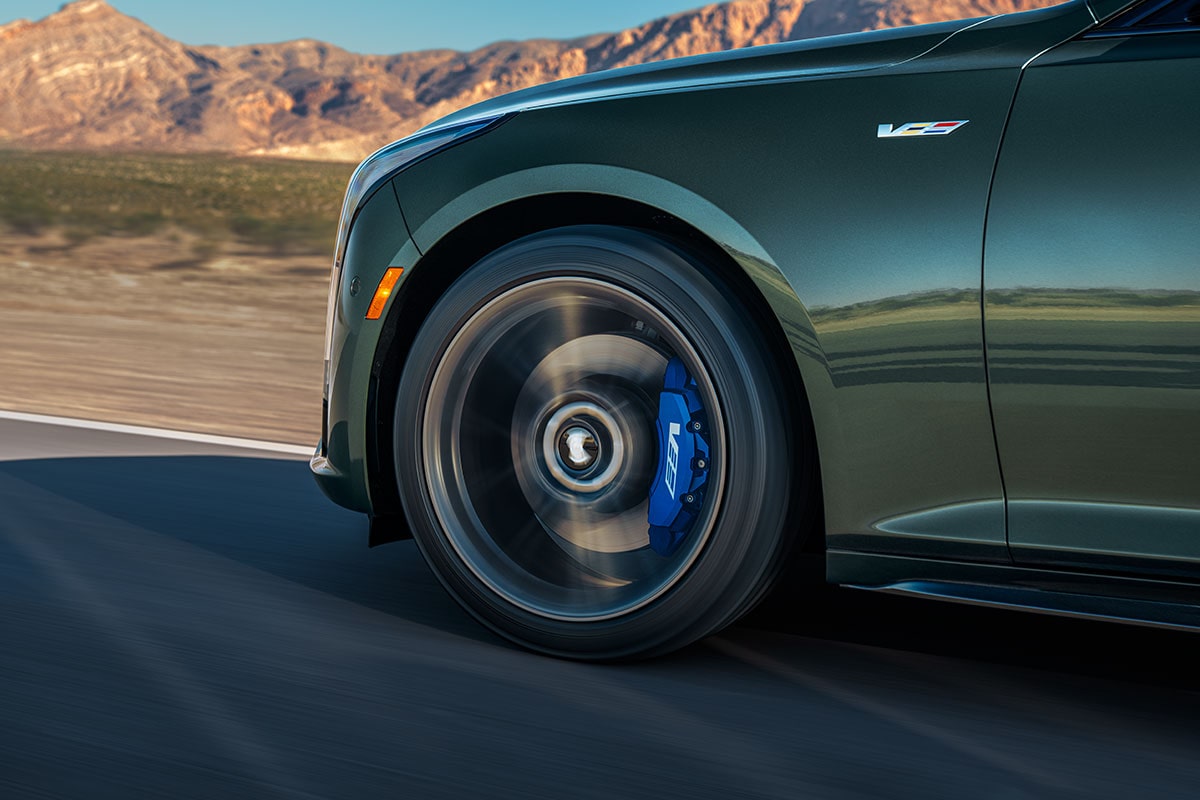 Low Angle View of a Front Tire Of a 2025 Cadillac CT5-V Driving Down the Road