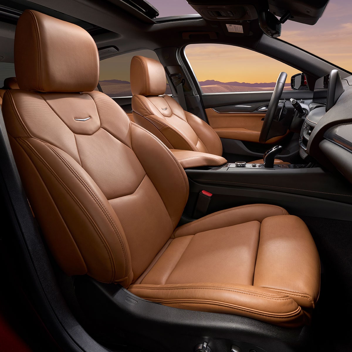 Passenger Door View of Luxurious Tan Leather Front Seats in 2026 Cadillac XT5