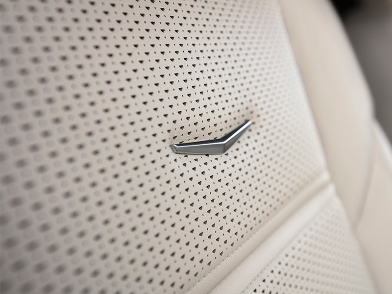 Close-Up of the Cadillac Crest on a 2026 Cadillac Escalade Seat