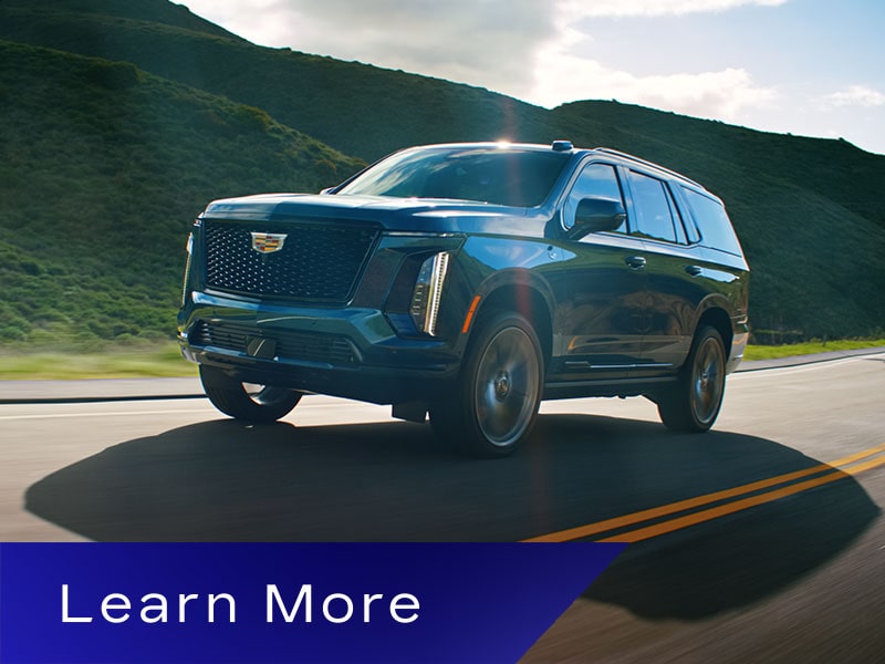 A Blue 2026 Cadillac Escalade Driving Through the Mountains