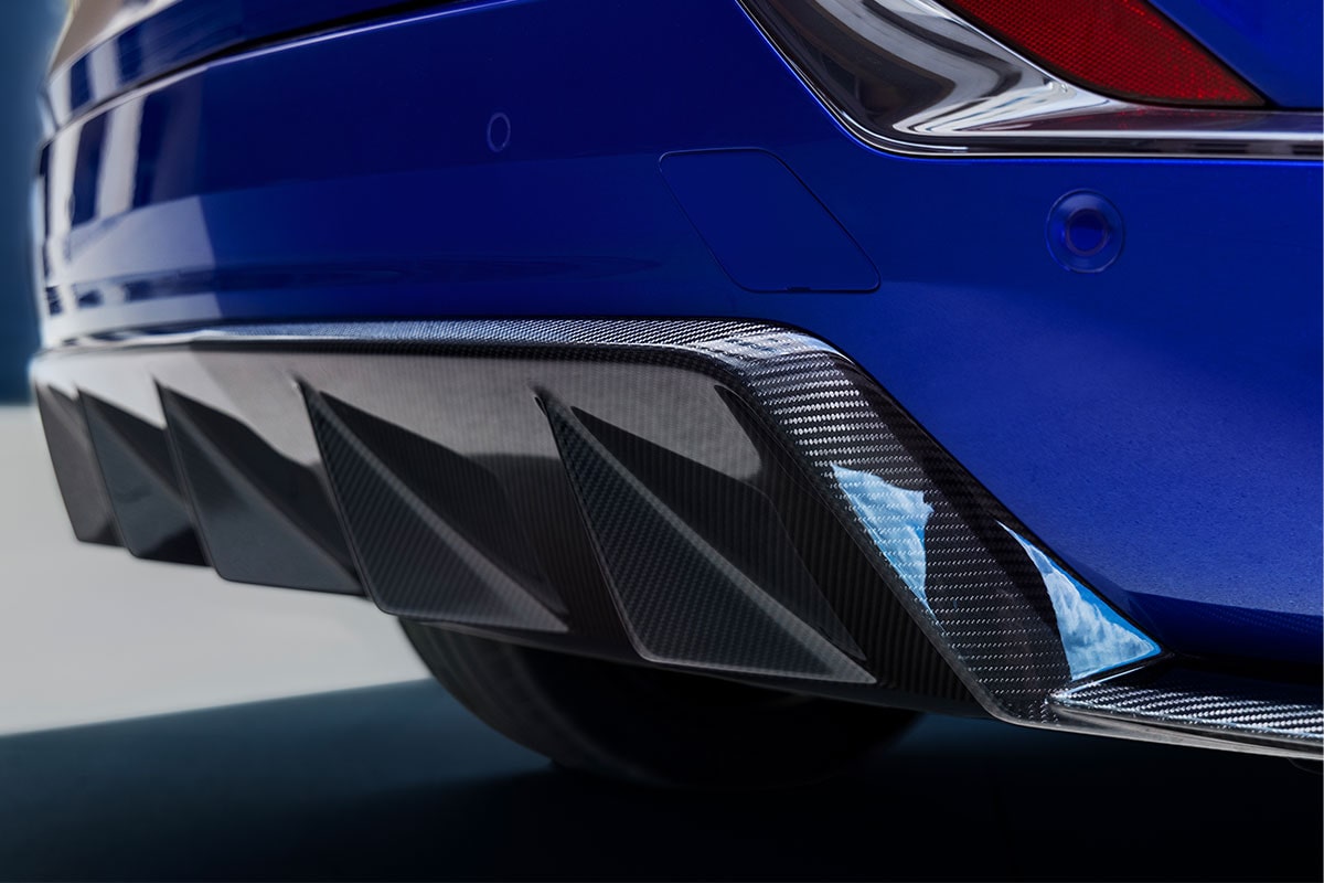Close-up of the Cadillac OPTIQ-V's Rear Diffuser in Genuine Carbon Fiber