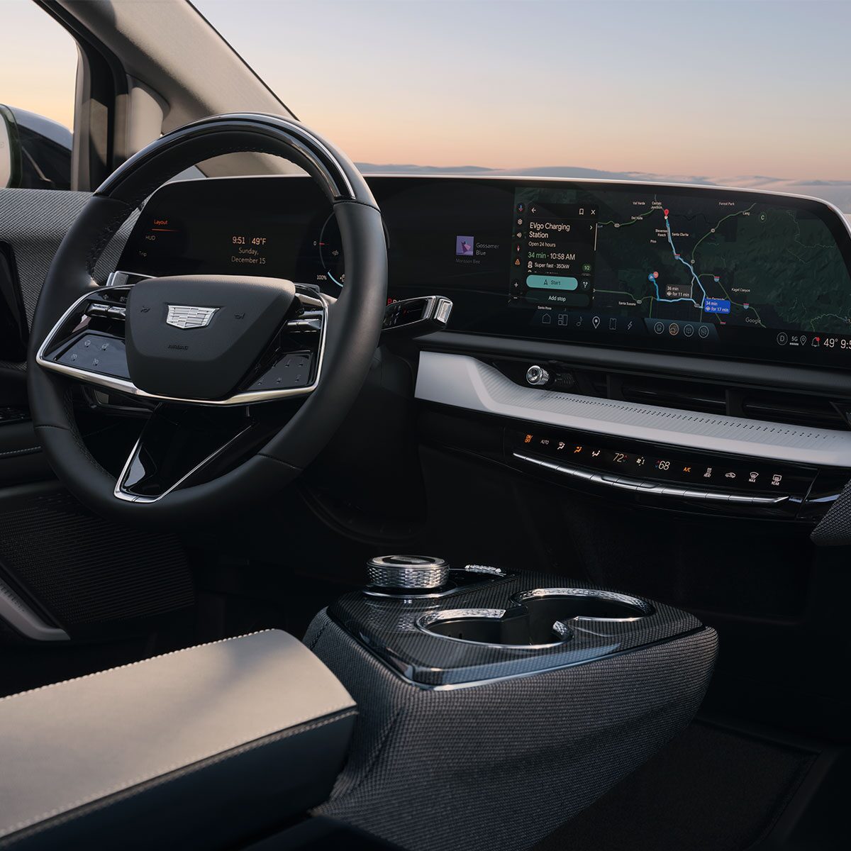 Passenger Seat View of the 2027 Cadillac OPITQ Steering Wheel and 33" Display Screen