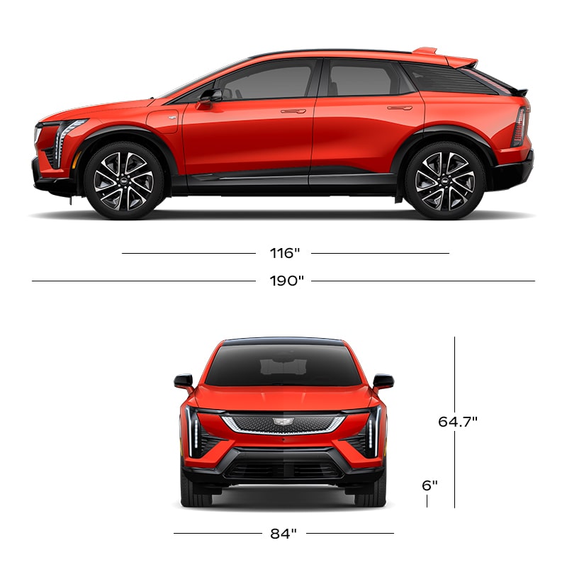 Front and Side View of a Red Cadillac OPTIQ with Size Dimensions