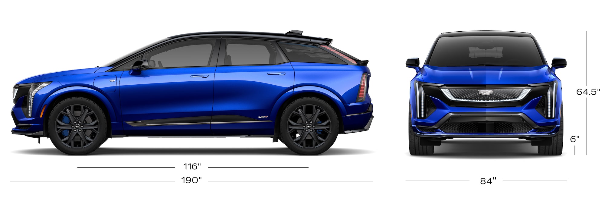 Front and Side View of a Blue Cadillac OPTIQ with Size Dimensions