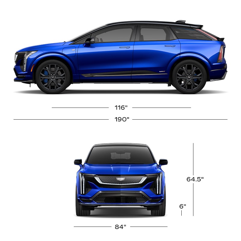 Front and Side View of a Blue Cadillac OPTIQ with Size Dimensions