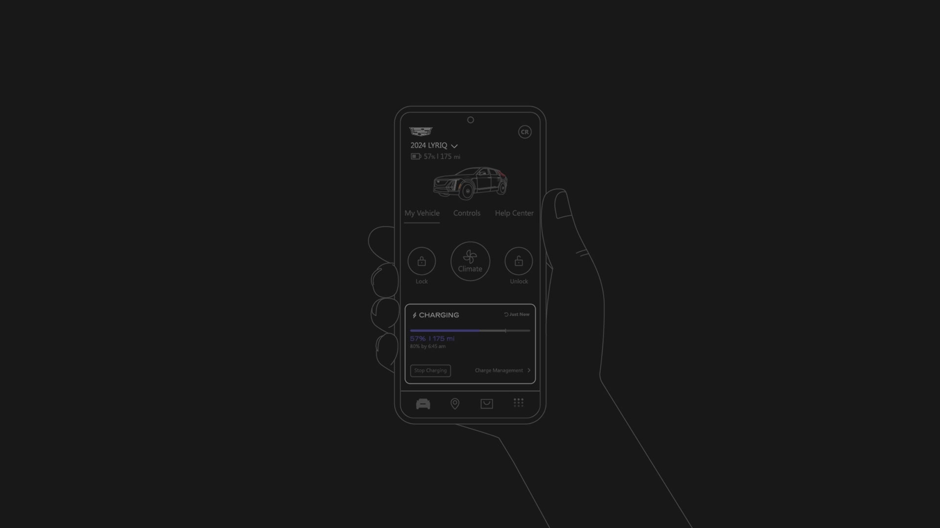 A Black and White Demonstration of Someone Holding a Phone Displaying the Managing Your EV Settings in the myCadillac Mobile App