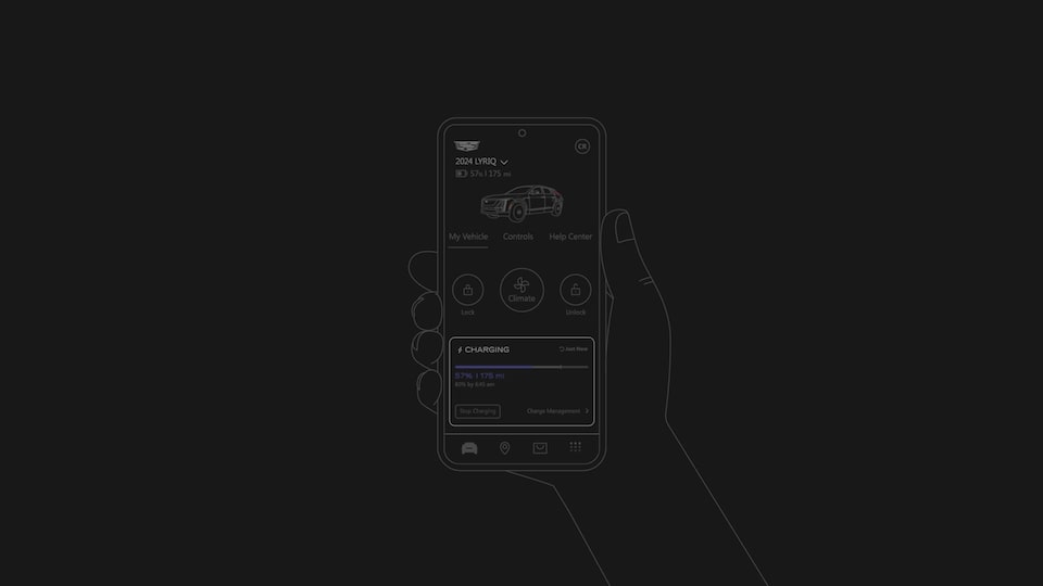 A Black and White Demonstration of Someone Holding a Phone Displaying the Managing Your EV Settings in the myCadillac Mobile App