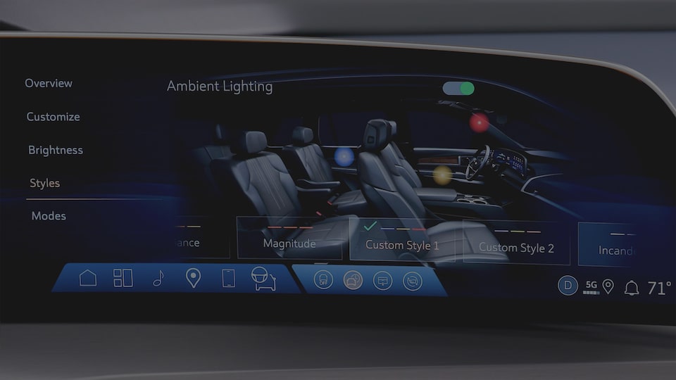 Close-up of the VISTIQ's Infotainment Screen Displaying the Ambient Lighting Settings
