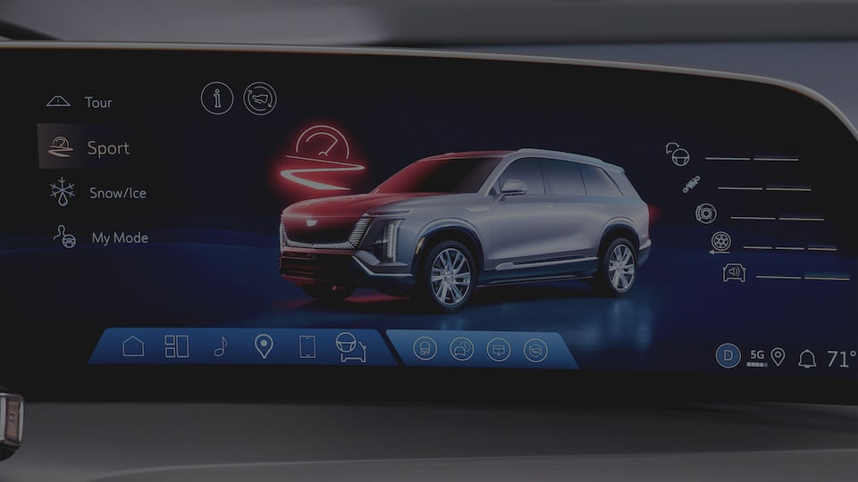 Close-up of the VISTIQ's Infotainment Screen Displaying the Different Driver Modes Including "Tour, Sport, Snow/Ice, and My Mode"