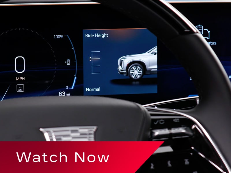 Close-up of a Cadillac VISTIQ Steering Wheel and Infotainment Screen Displaying Air Ride Adaptive Suspension Feature