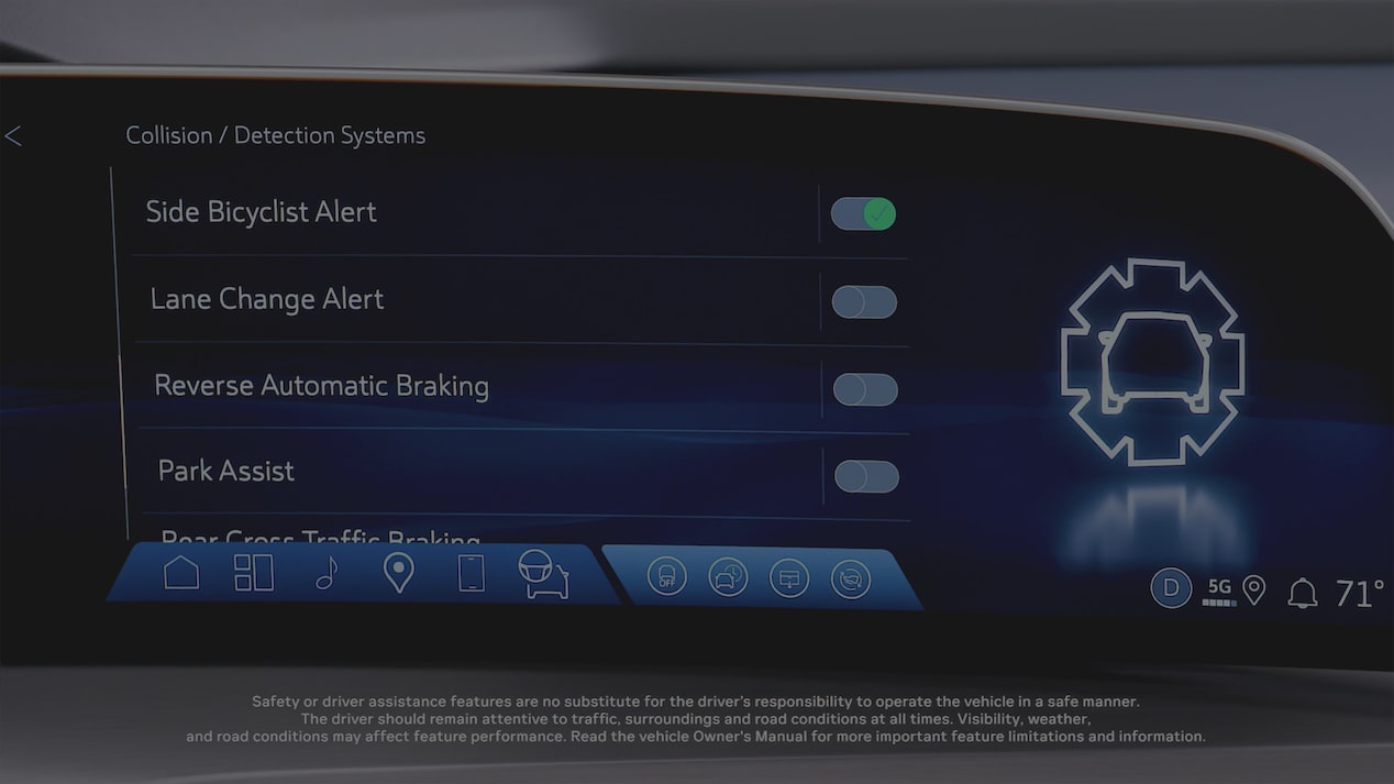 The Collision/Detection Settings Displayed on an Infotainment System Screen