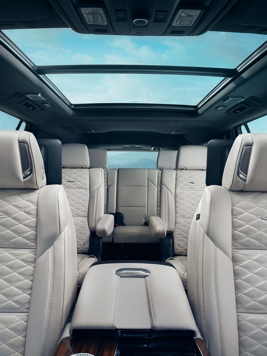 The 2027 Escalade Spacious 3-Rows of Light-Colored Leather Seating Beneath a Panoramic Glass Roof