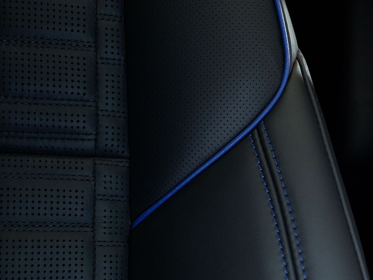 Close-up of the Cadillac Escalade-V Leather Seat Details and Blue Accent Stitching