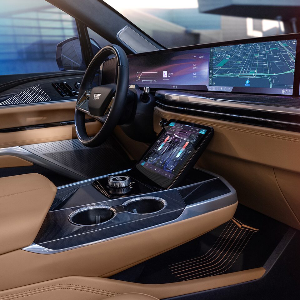 Passenger Side View of the Center Console, Dashboard and Steering Wheel of the 2025 Cadillac ESCALADE IQ