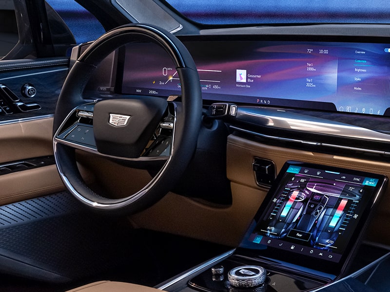 Interior View of the 2025 Cadillac ESCALADE IQ Steering Wheel and Dashboard