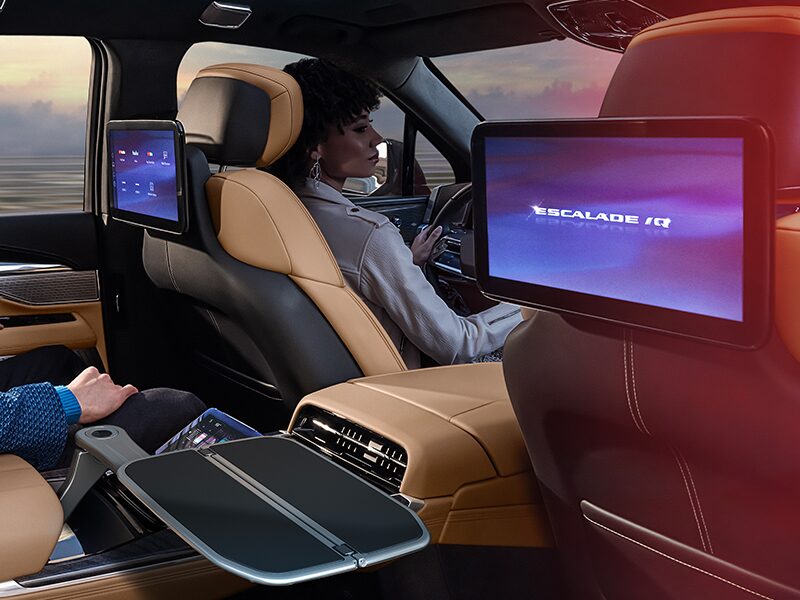Side View of the Interior Infotainment Screens on the Back of the Front Seats in the 2025 Cadillac ESCALADE IQ