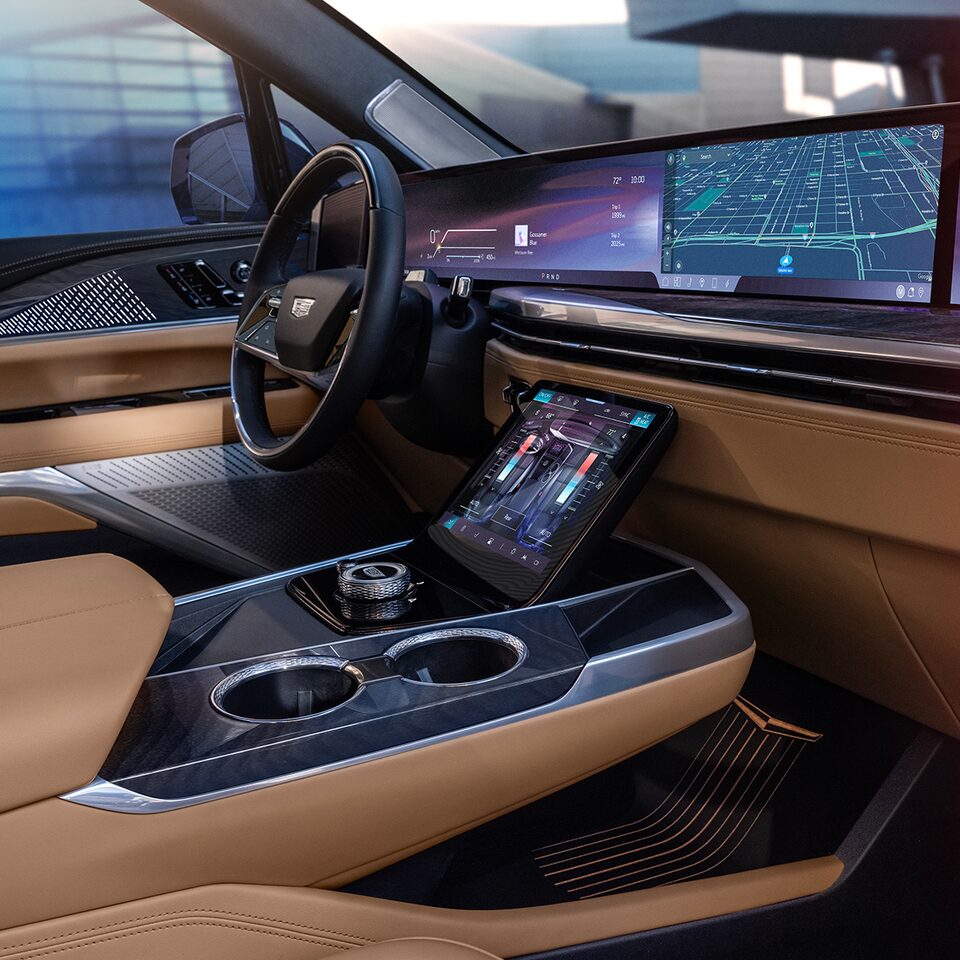 Passenger Side View of the Center Console, Dashboard and Steering Wheel of the 2025 Cadillac ESCALADE IQ