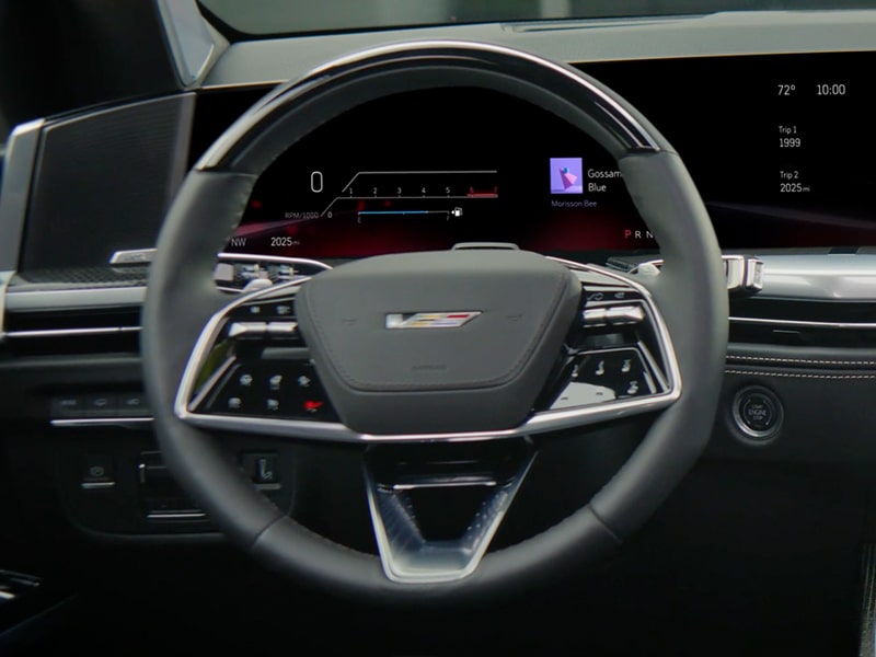 Close-Up View of the V-Series Logo on the 2025 Cadillac Escalade-V Steering Wheel