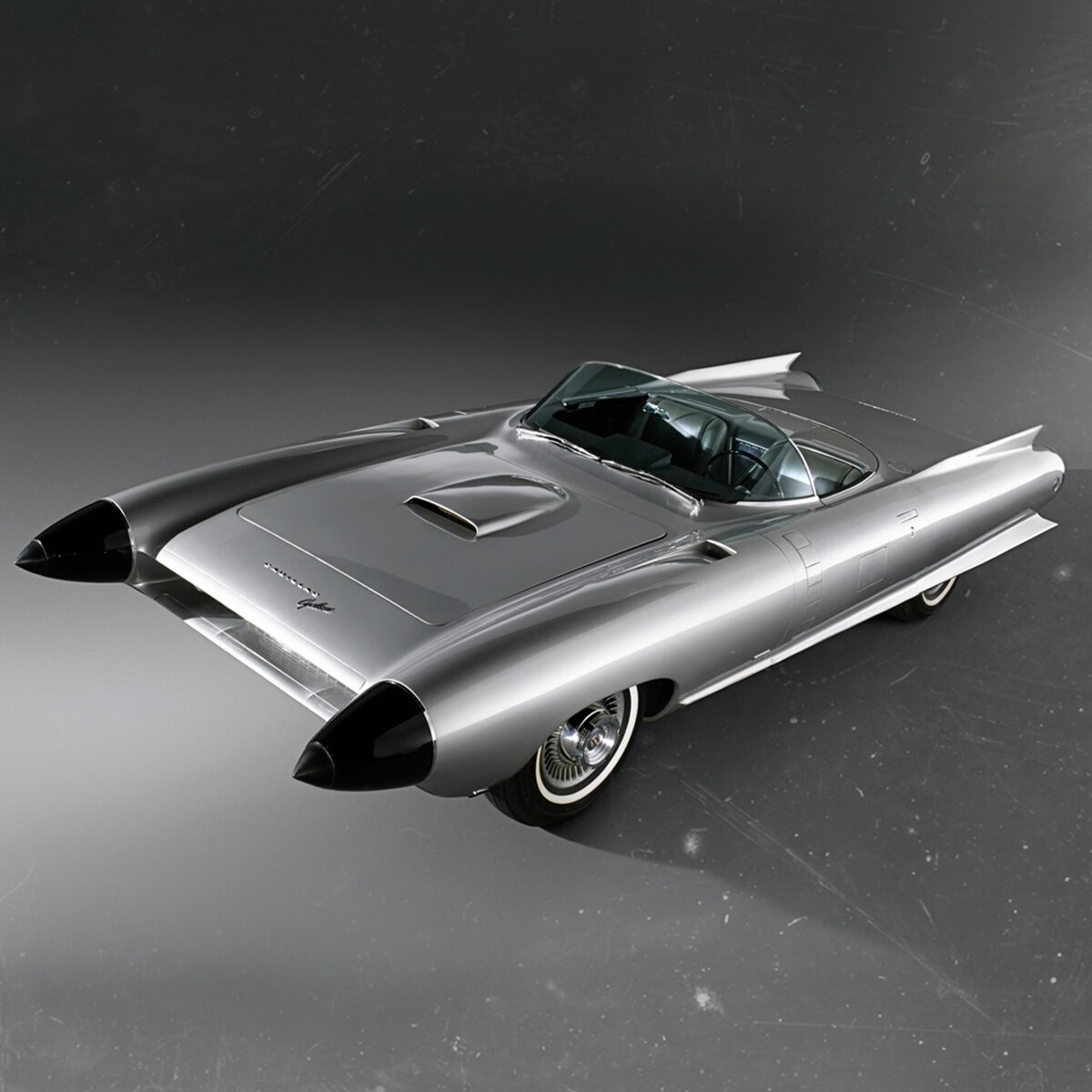 A Black and White Top View of a 1959 Cadillac Cyclone Concept Car