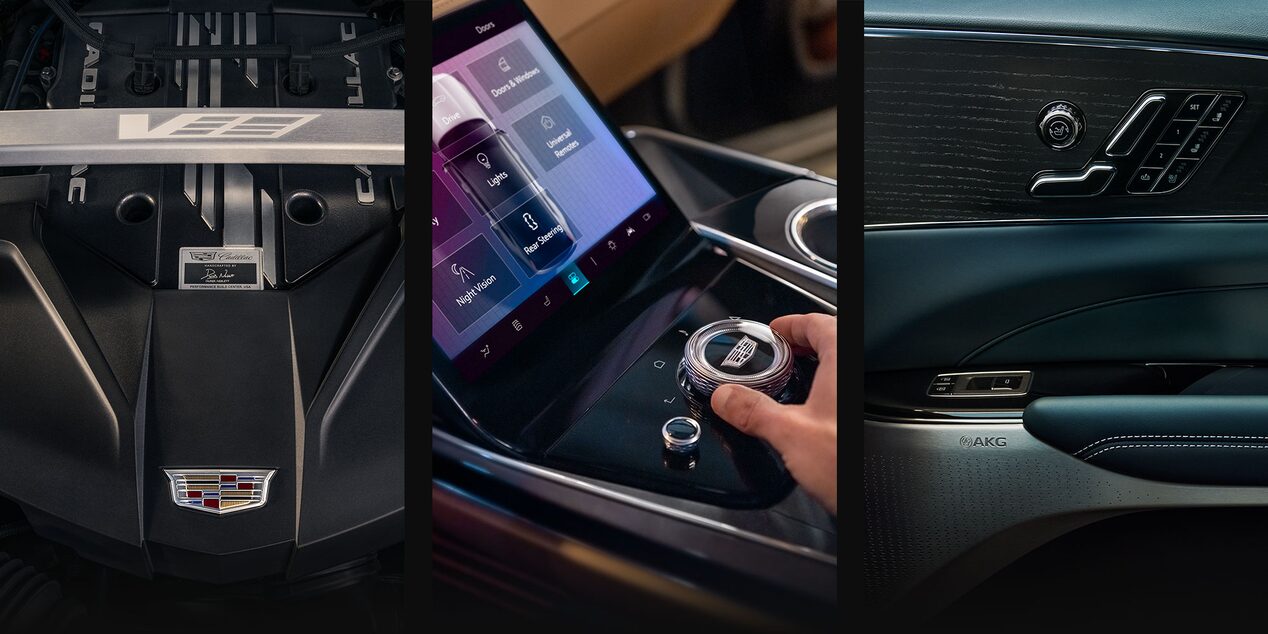 Un collage con las características de un Cadillac con motor V8, pantalla de visualización de controles y controles de las puertas.