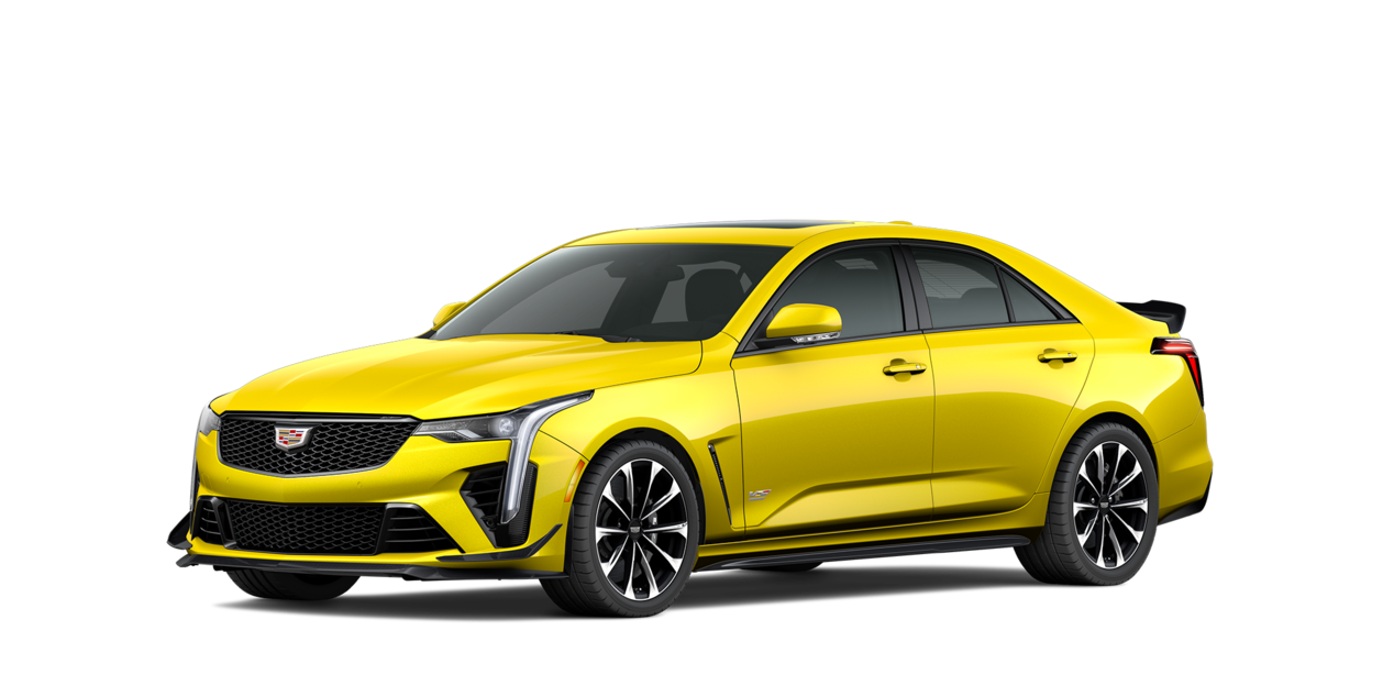 Vista de perfil de tres cuartos de un Cadillac CT4-V amarillo
