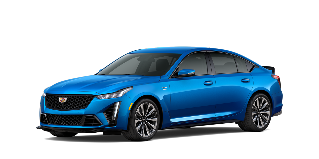 Vista de tres cuartos de un Cadillac CT5-V azul