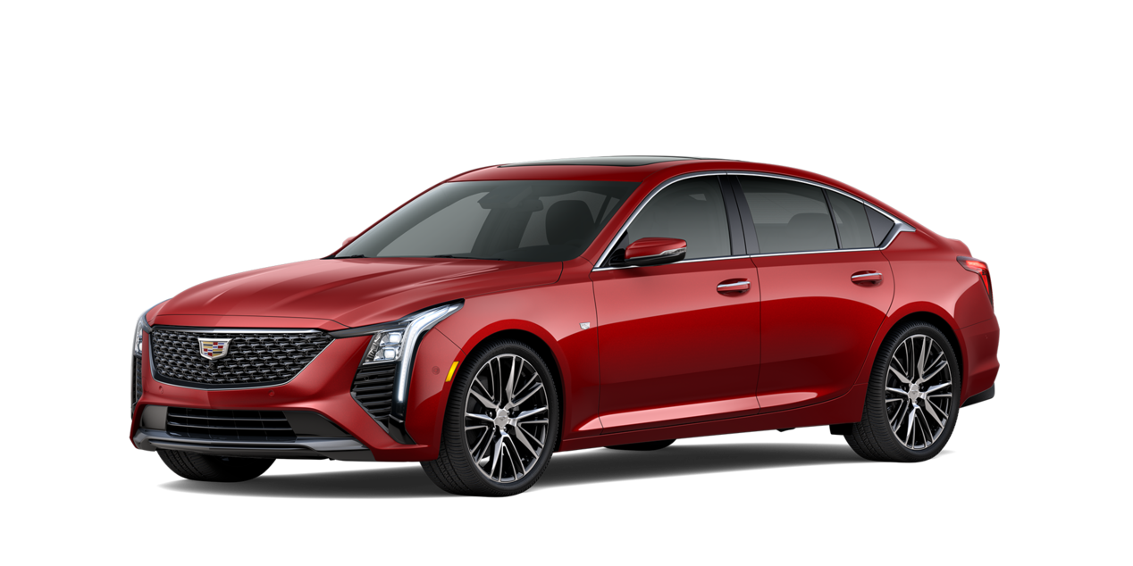 Vista de tres cuartos de un Cadillac CT5 rojo