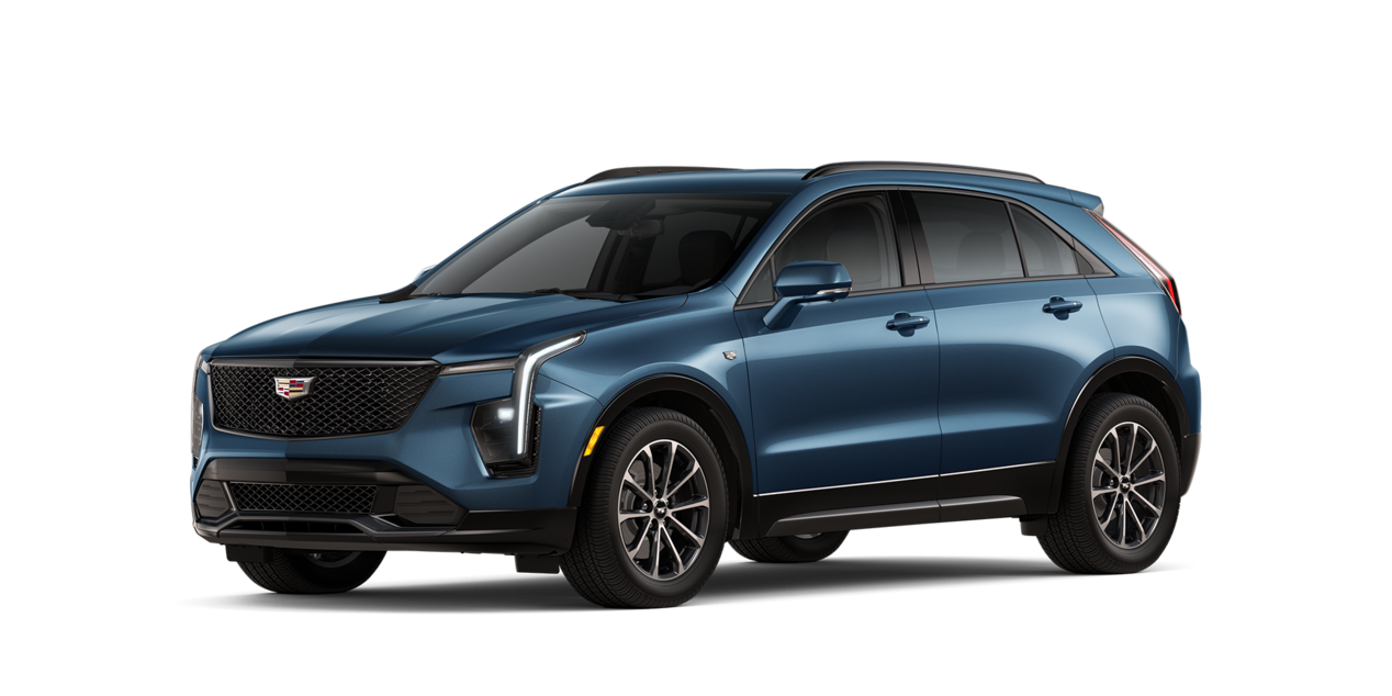 Vista de perfil de tres cuartos de un Cadillac XT4 azul