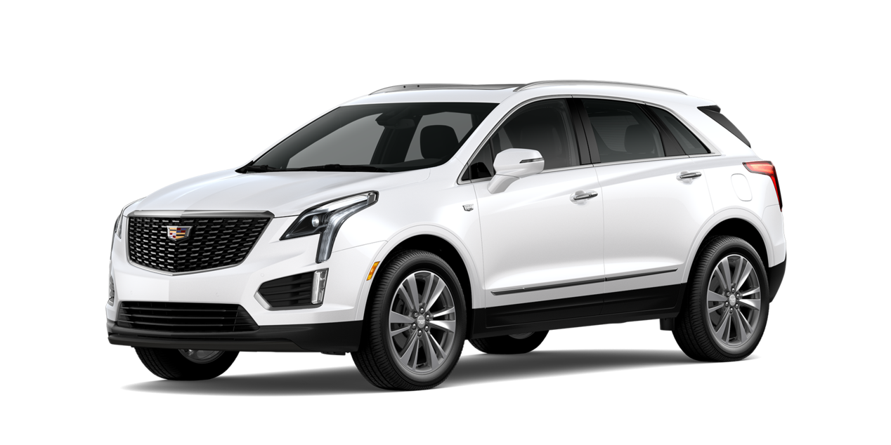 Vista de tres cuartos de un Cadillac XT5 blanco