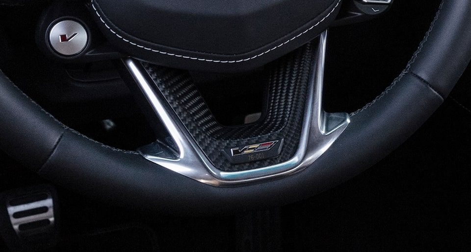 2022 Cadillac V-Series Blackwing Interior Close-Up View of Steering Wheel Emblem