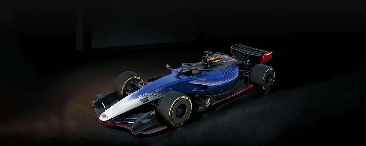 Bird's Eye View of the All-new Blue Cadillac Racecar Parked in a Black Showroom