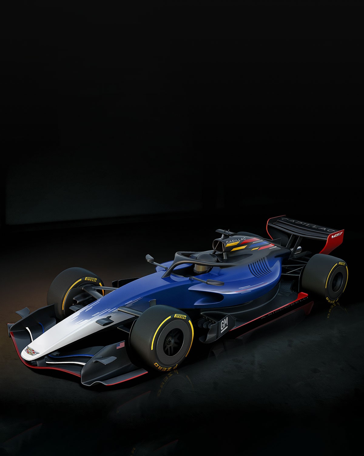 Bird's Eye View of the All-new Blue Cadillac Racecar Parked in a Black Showroom
