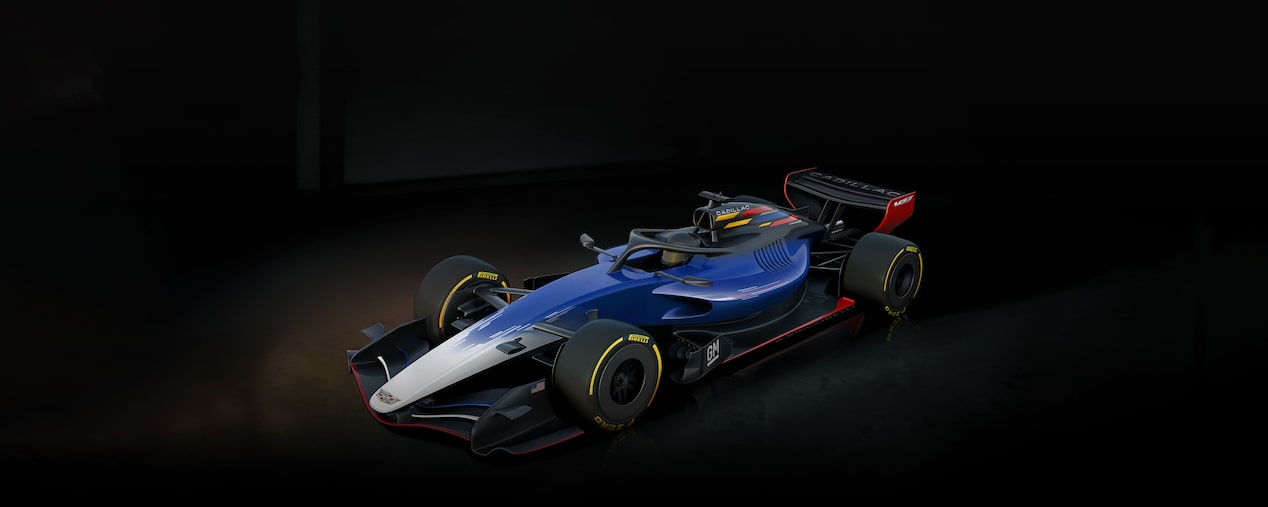 Bird's Eye View of the All-new Blue Cadillac Racecar Parked in a Black Showroom